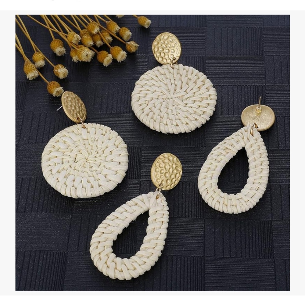 Handmade Straw Wicker Braid Teardrop Hoop Drop Dangle Earrings 4 Pairs - Picture 2 of 7